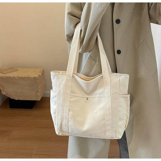 Medium Capacity Canvas Multi Compartment Tote Bag: Beige