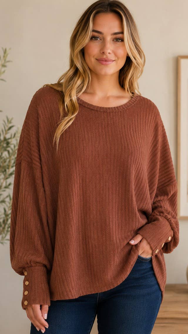 Ellie Ribbed Knit Top - Brown