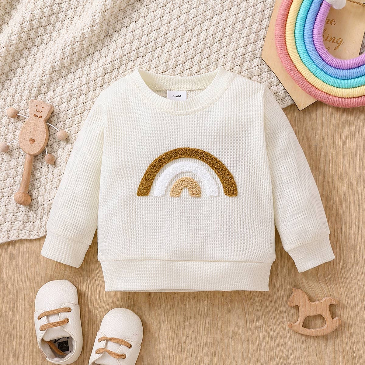 Baby BoyGirl Rainbow Pattern Waffle Long-sleeve Sweatshirt: Beige / 3 Years