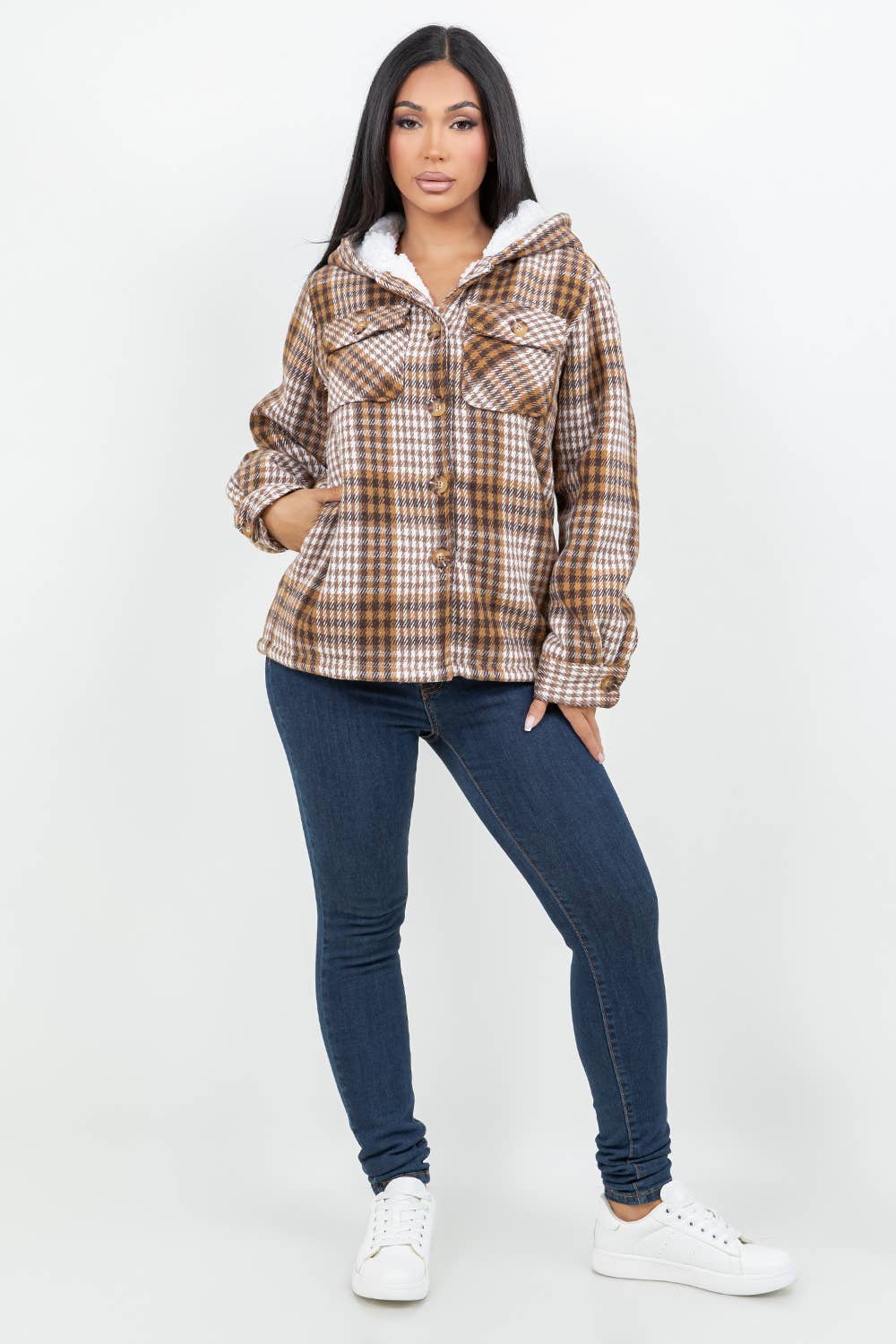 Nicole Plaid Hooded Flannel Shacket With Faux Fur Lining