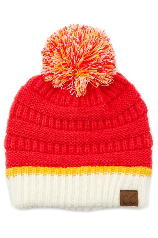 C.C Team Color Ribbed Beanie with Pom Winter Hat: 9.black/Gold