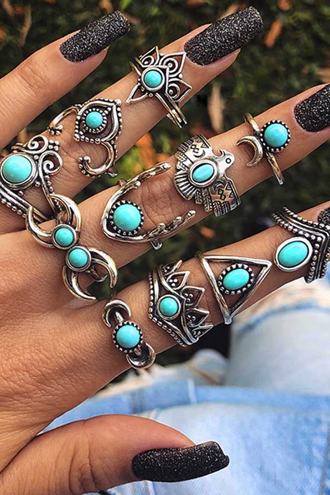 Turquoise Alloy Rings Set ZK234: 01 / One Size