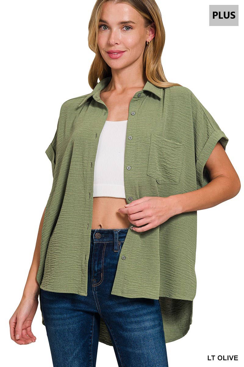 Plus Wendy Woven Air Flow Button Down Shirt - Olive (1X/2X/3X)