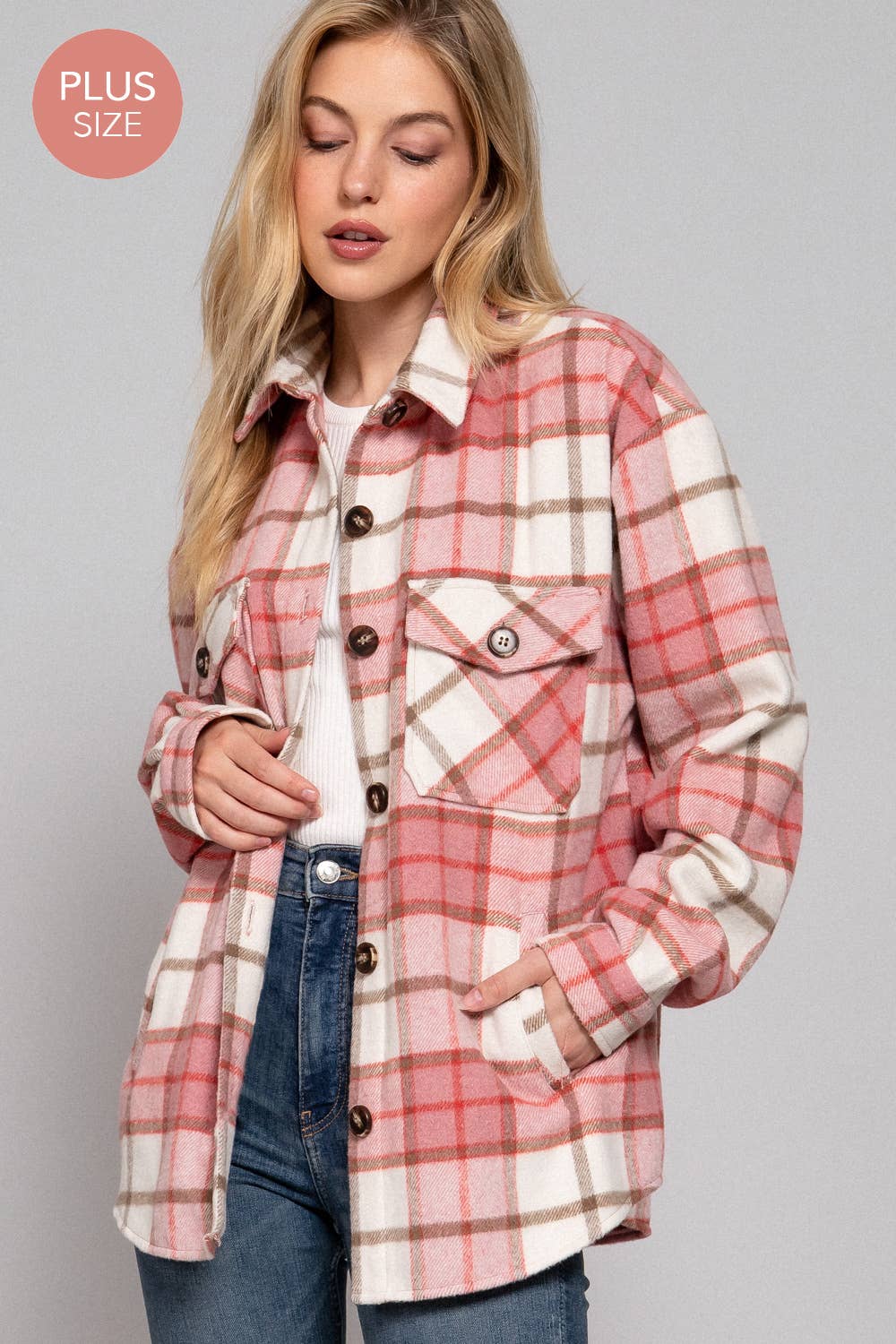 PLUS Wool Blend Plaid Button Down Jacket: Pink/Khaki