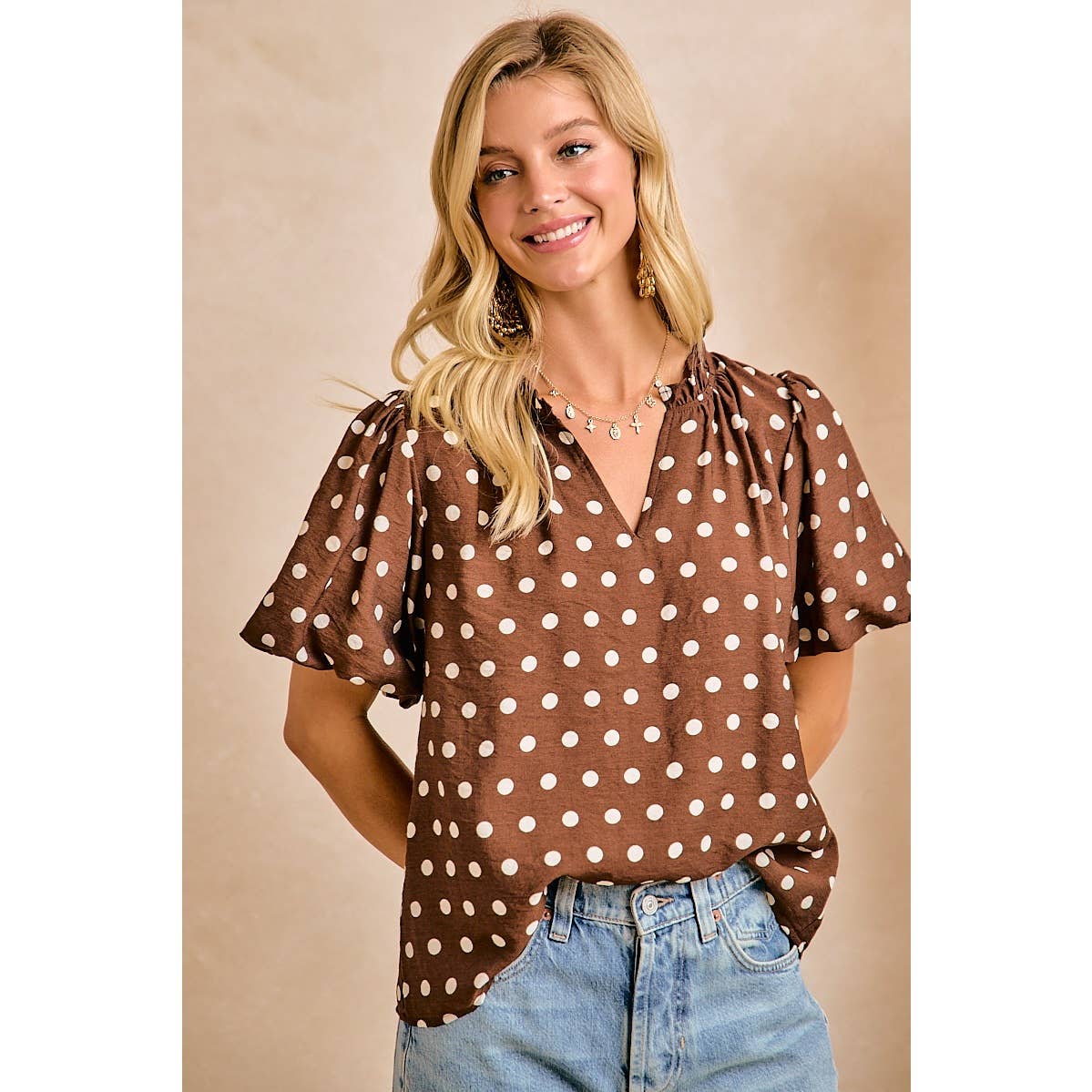 Jenna Polka Dot Woven Top - Dark Mocha