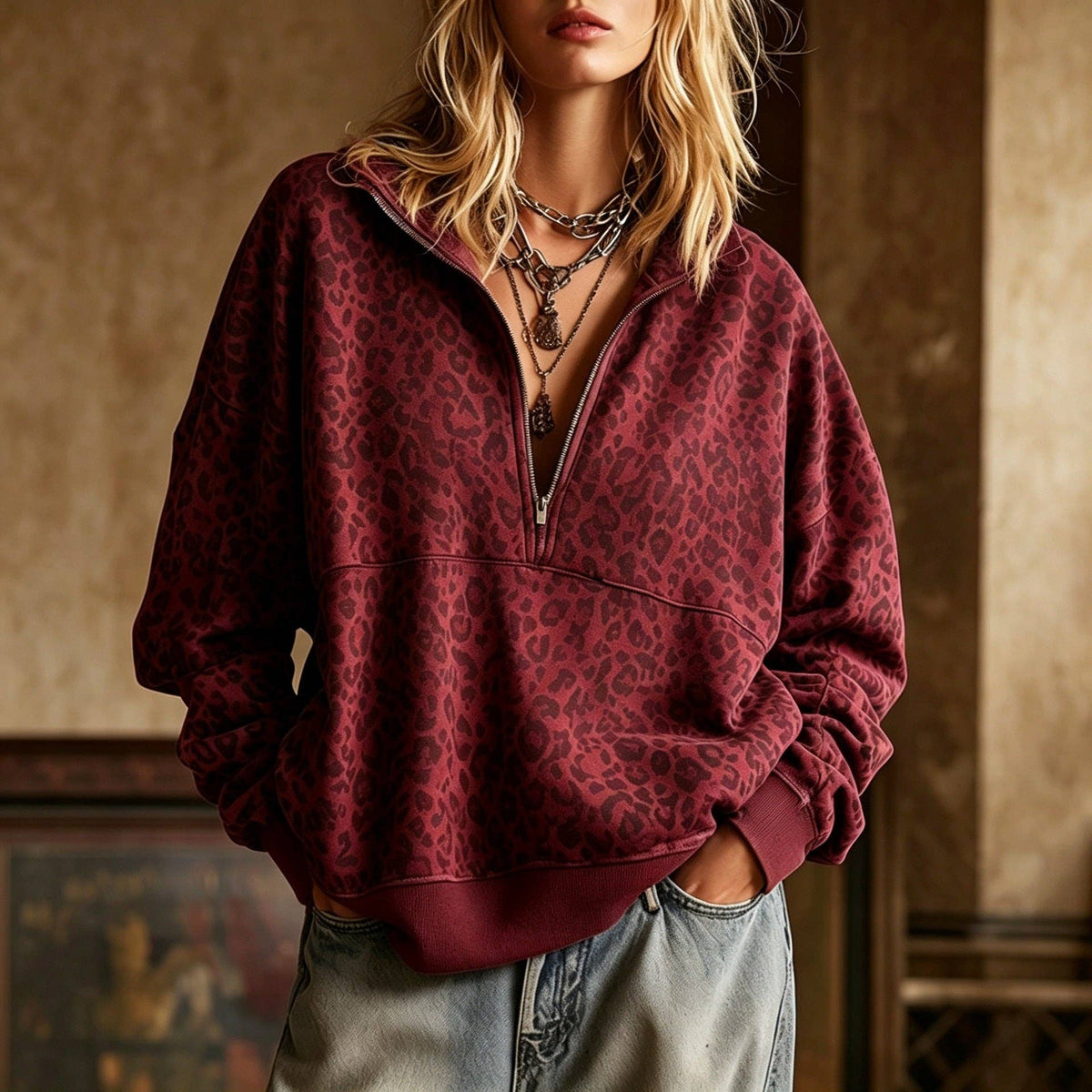 Leopard Print Half Zip Oversized Pullover Sweatshirt: Coffee / 95%Polyester 5%Elastane / L