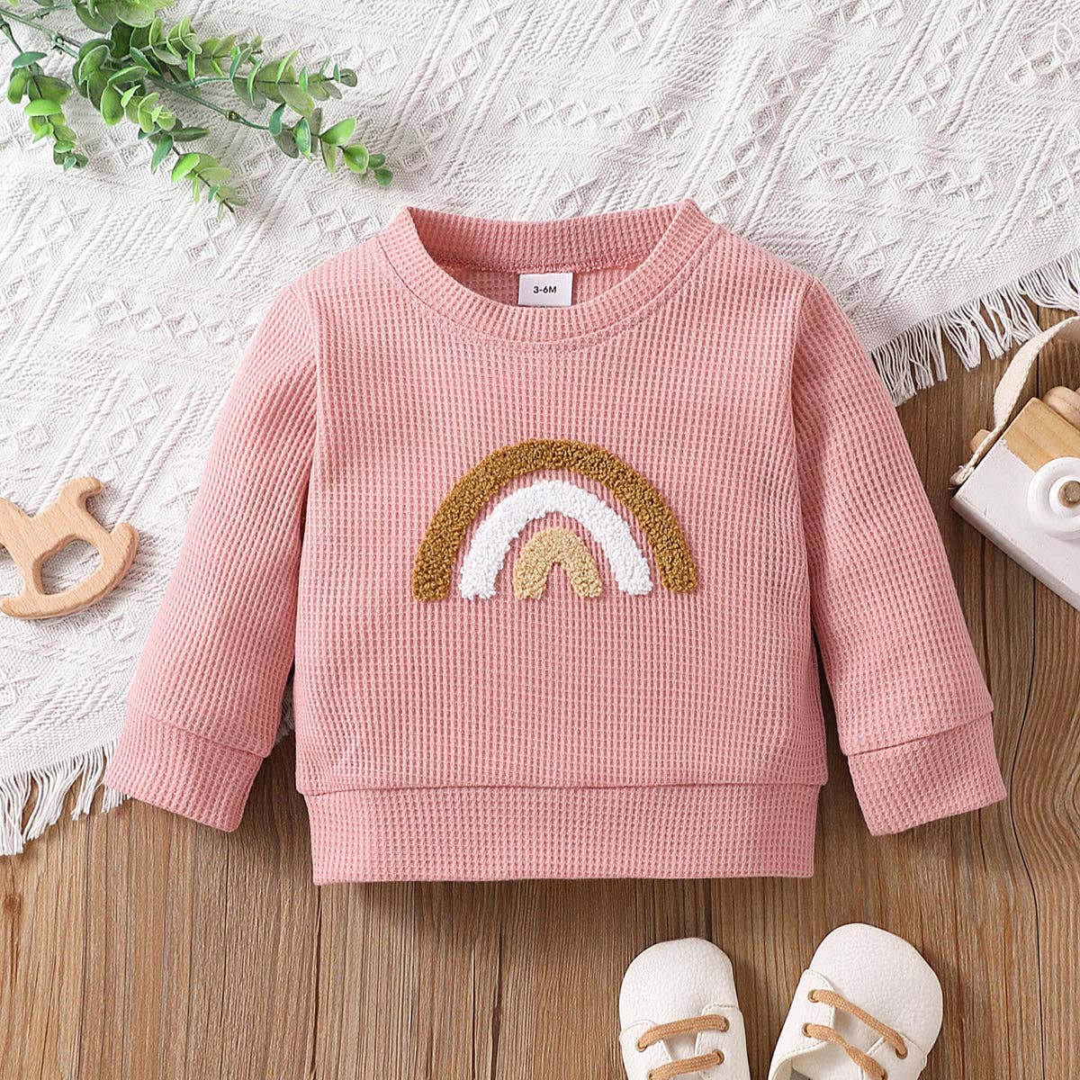 Baby BoyGirl Rainbow Pattern Waffle Long-sleeve Sweatshirt: Beige / 3 Years
