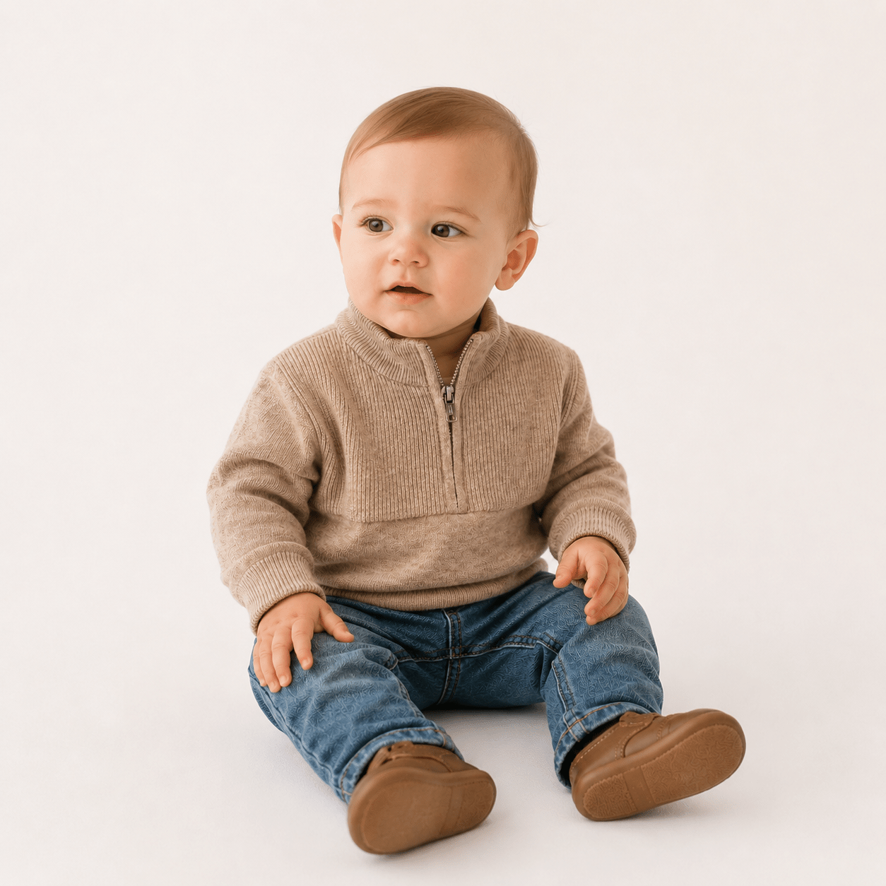 Quarter Zip Sweater Sand - Infant: 3-6M