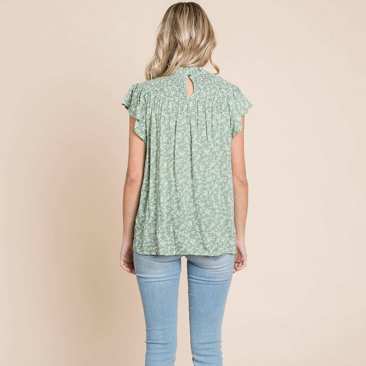 Selena Flutter Sleeve Smocked Neck Top - Sage