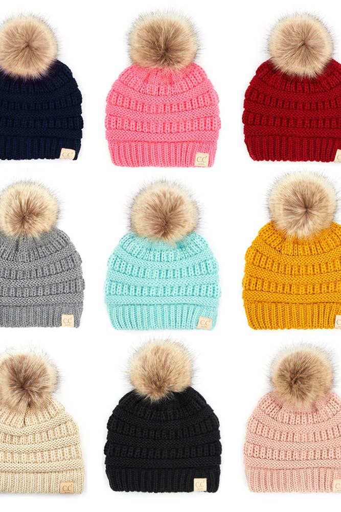 C.C Kids Solid Ribbed Beanie with Pom: Black