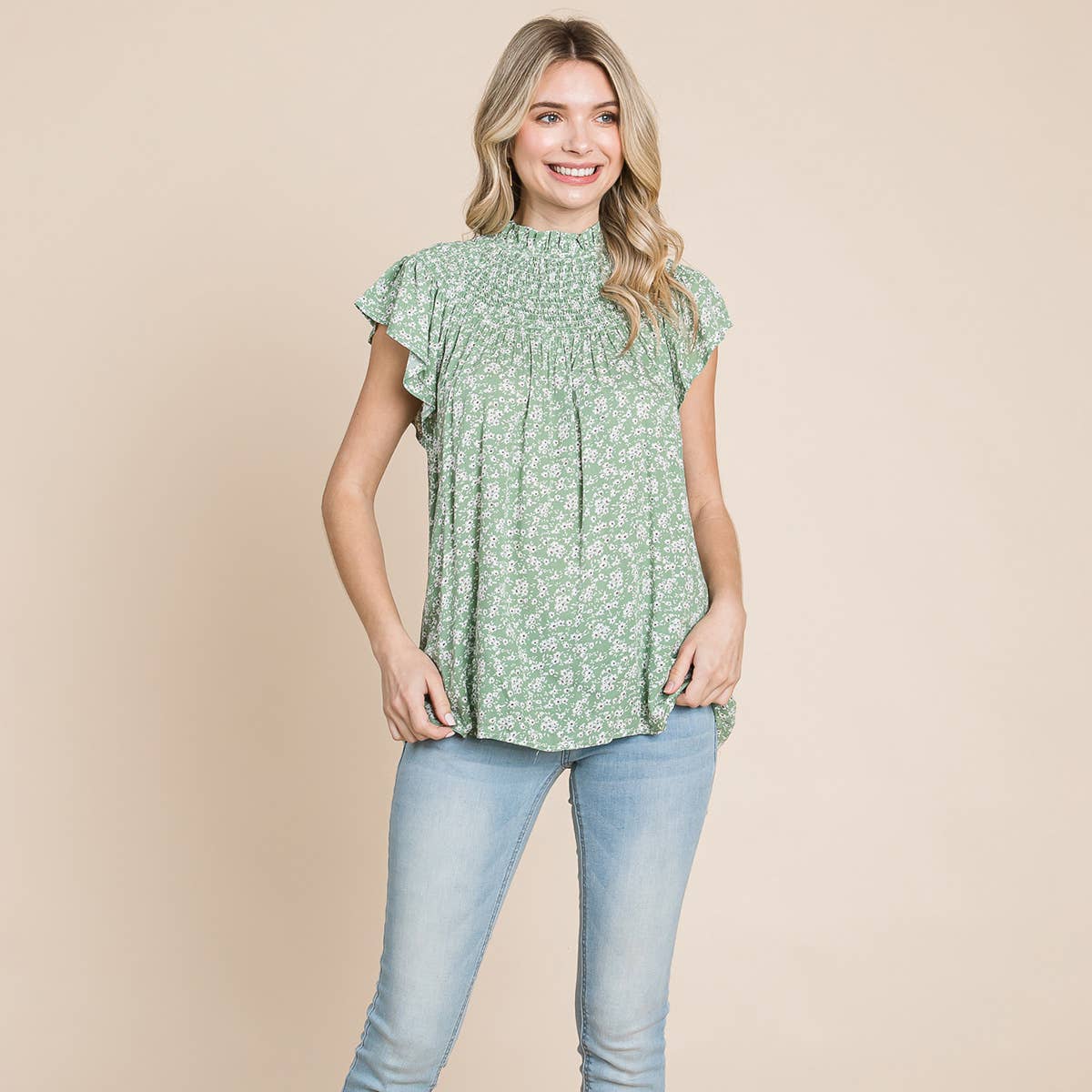 Selena Flutter Sleeve Smocked Neck Top - Sage