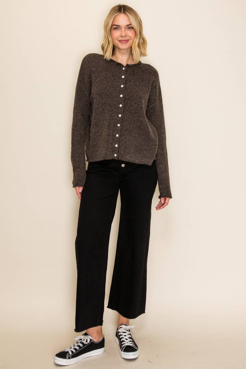 Amber Relaxed Knit Cardigan Sweater: Chocolate