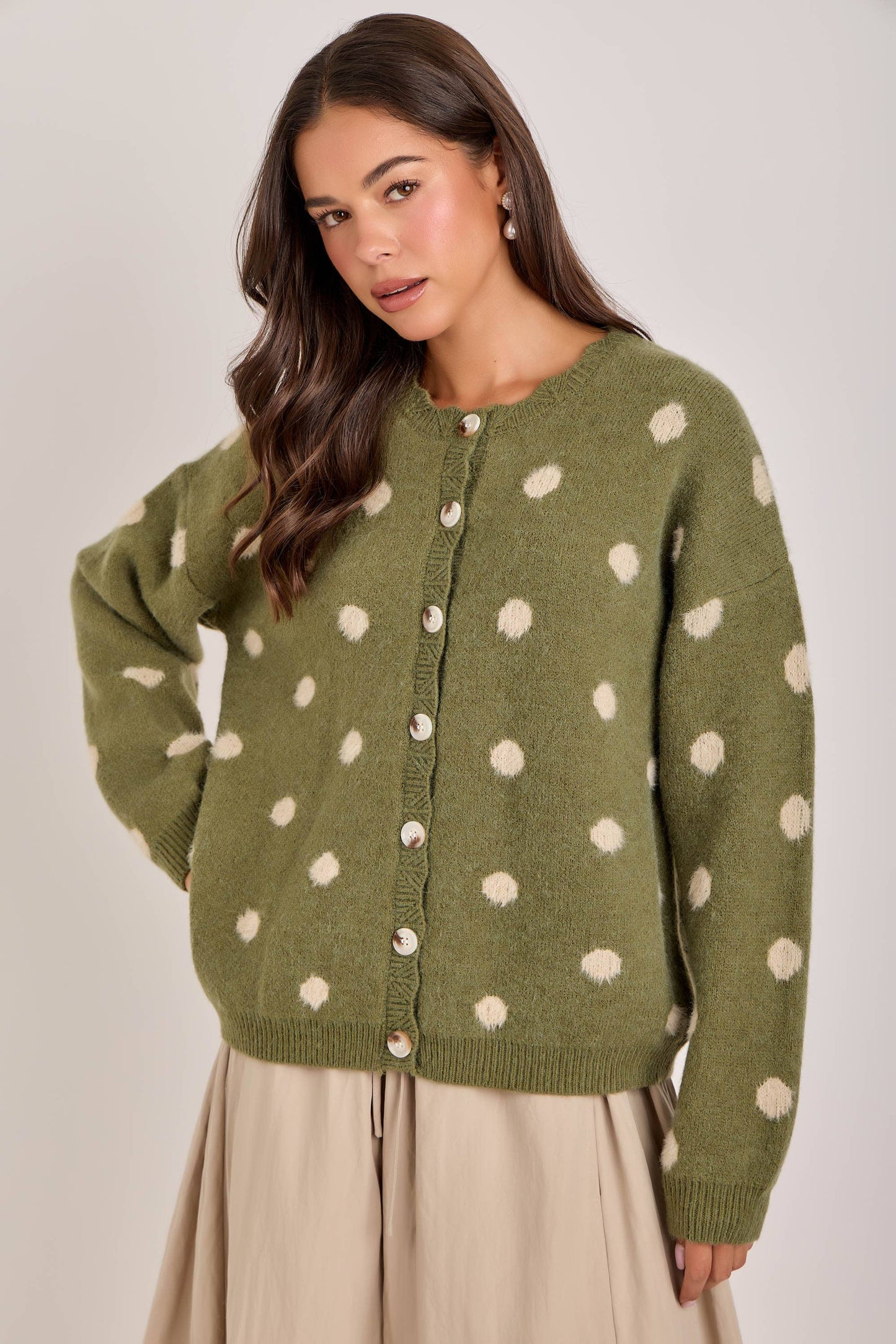 Chelsea Soft Polka Dot Sweater Cardigan: Olive/Oatmeal
