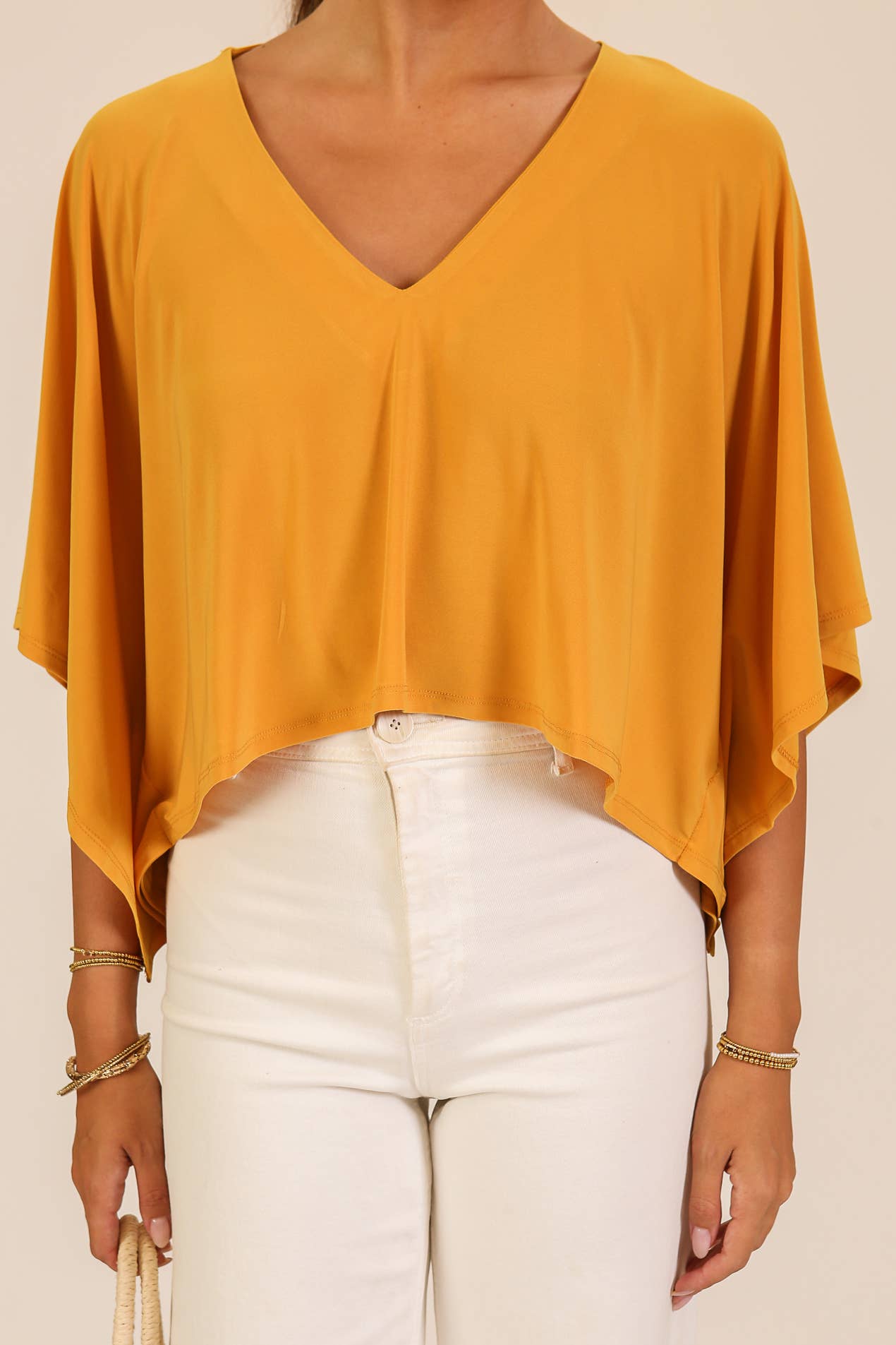 Auriona Flowy V-Neck Poncho Top - Mustard