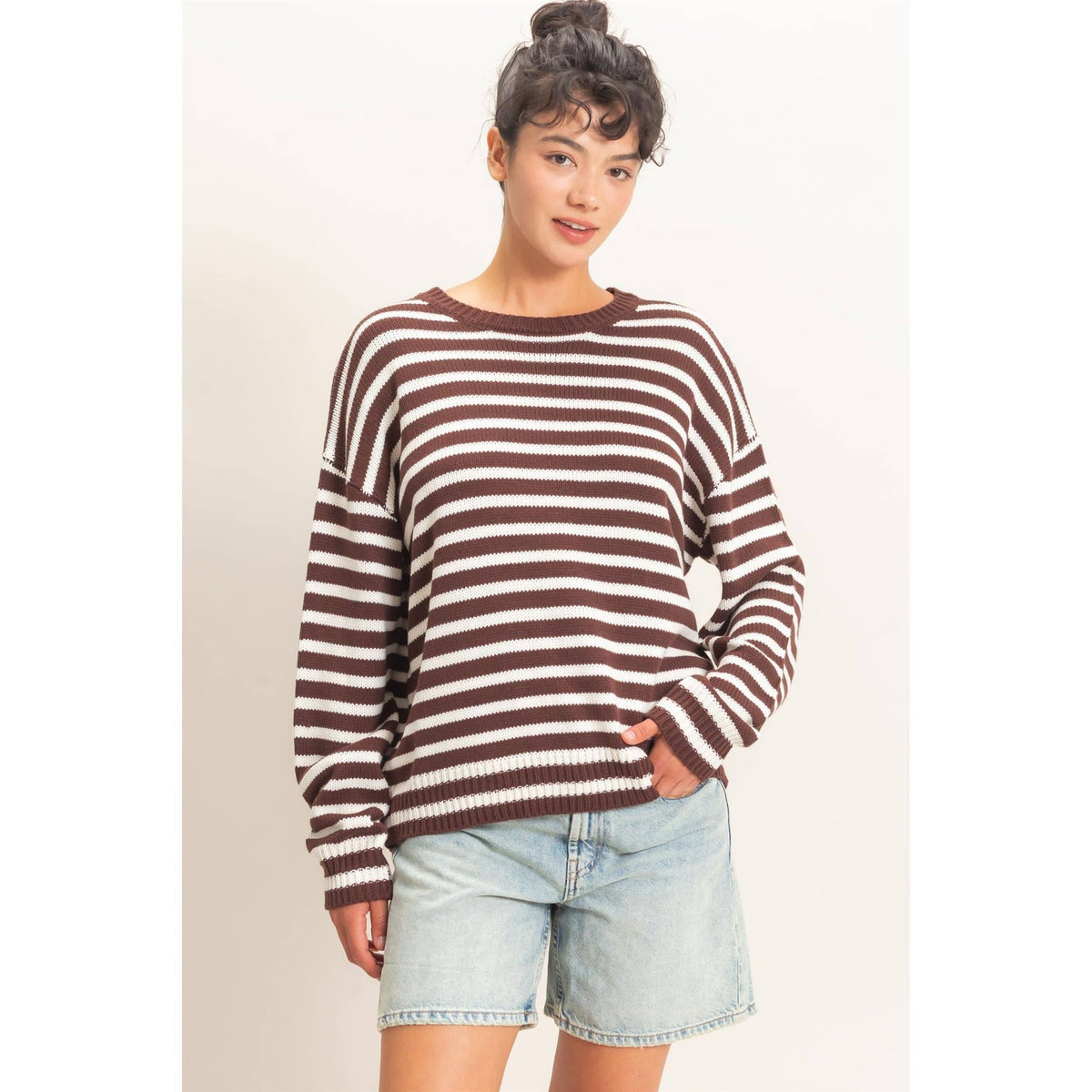 Striped Crew Neck Sweater - Dark Brown