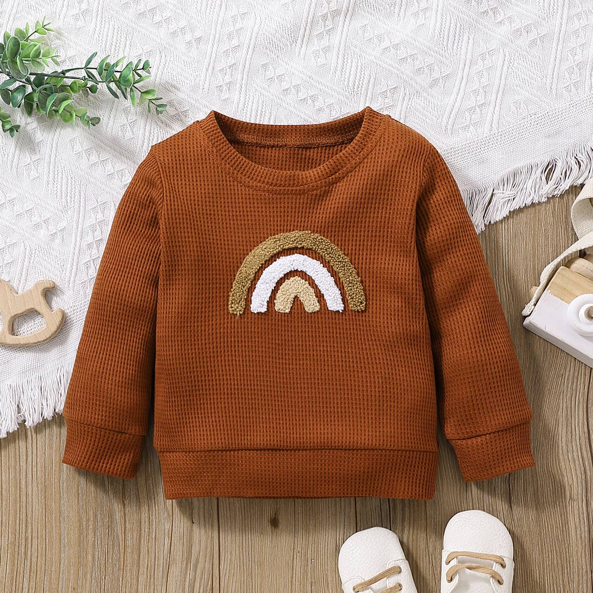 Baby BoyGirl Rainbow Pattern Waffle Long-sleeve Sweatshirt: Beige / 3 Years