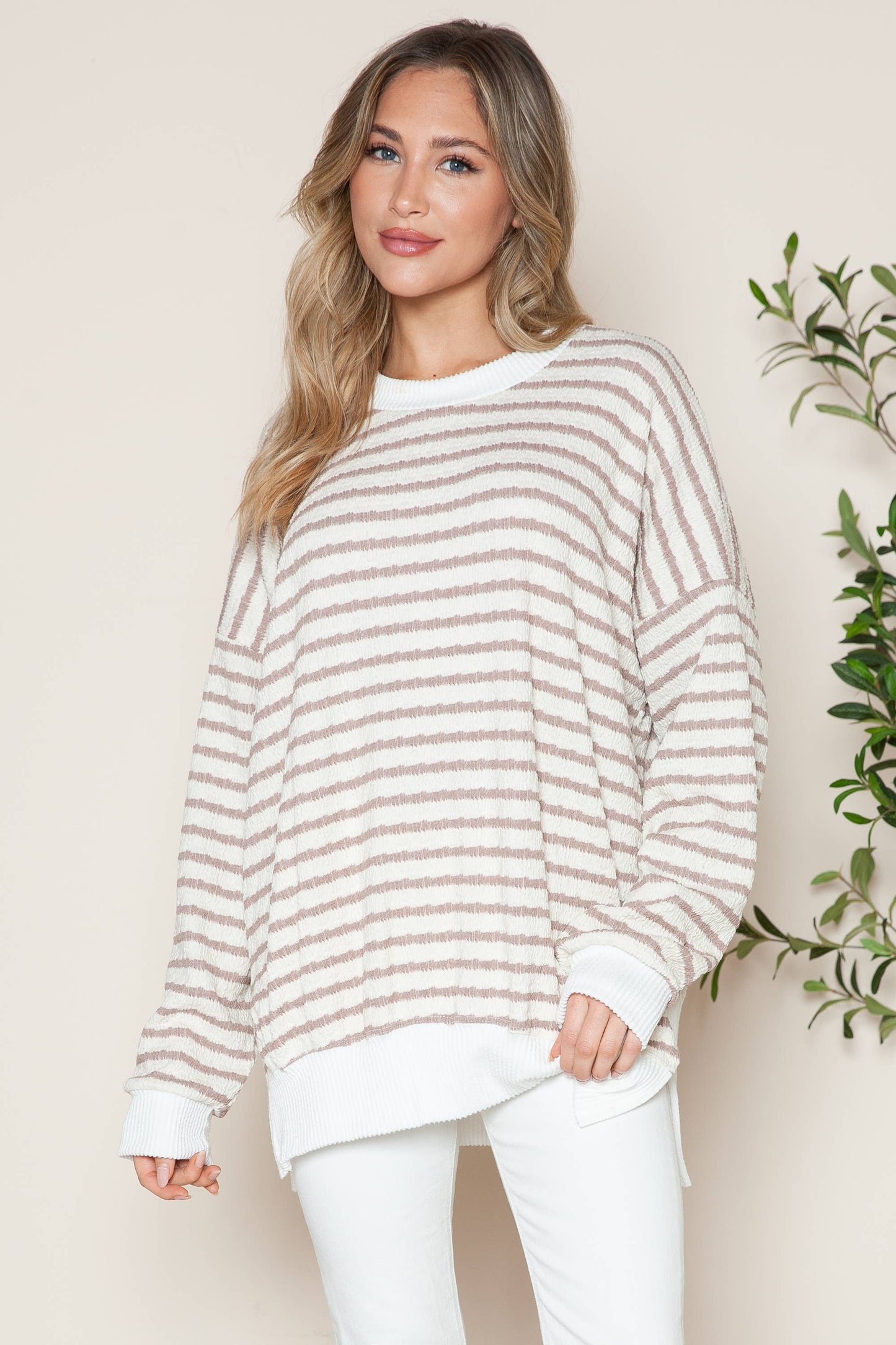 Avery Cotton Stripe Tunic With Side Slits - Taupe