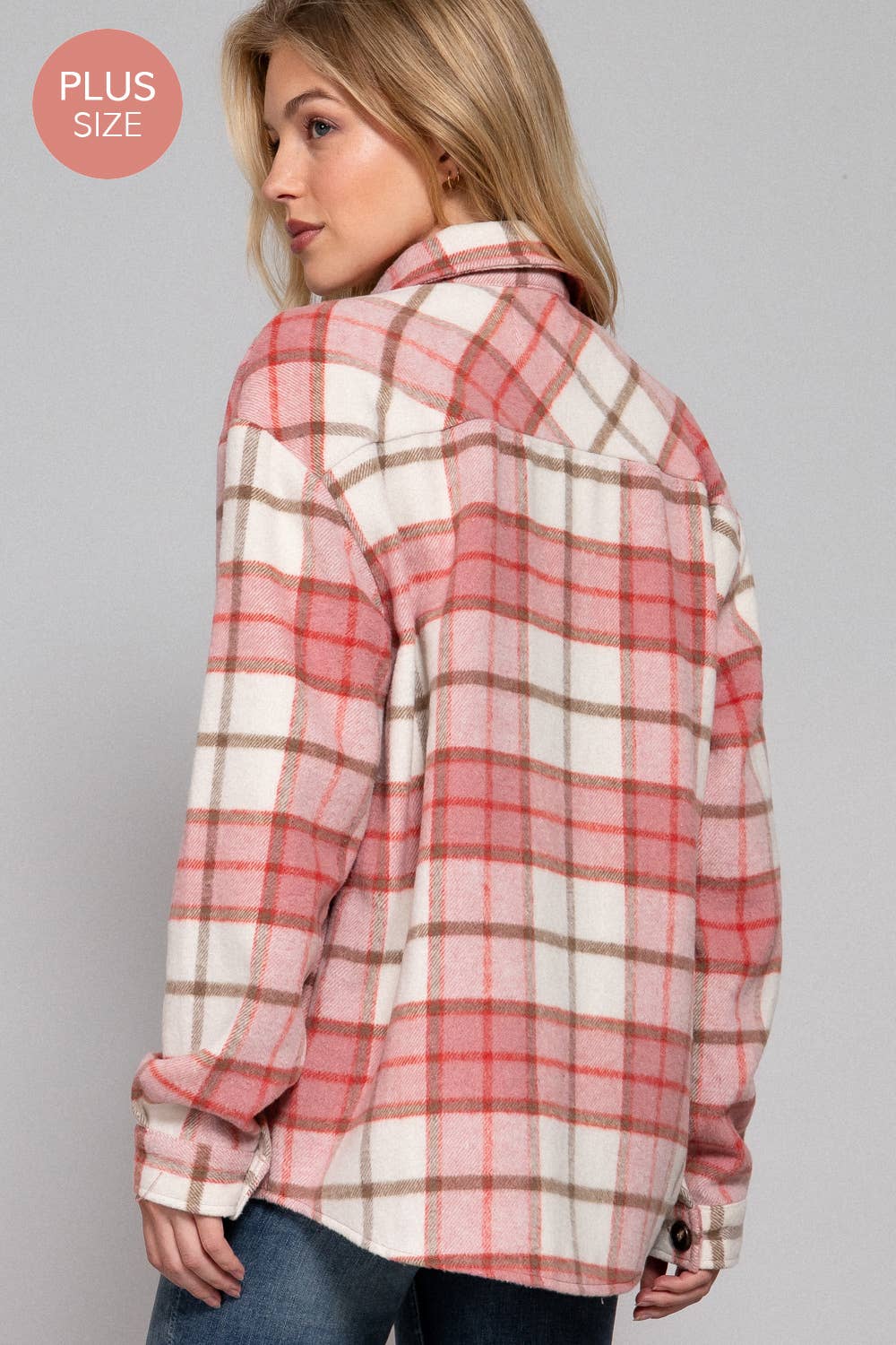 PLUS Wool Blend Plaid Button Down Jacket: Pink/Khaki