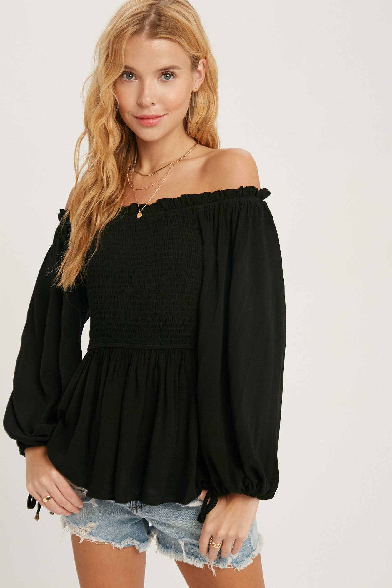 Ansley SMOCKED PEPLUM BLOUSE: BLACK / S