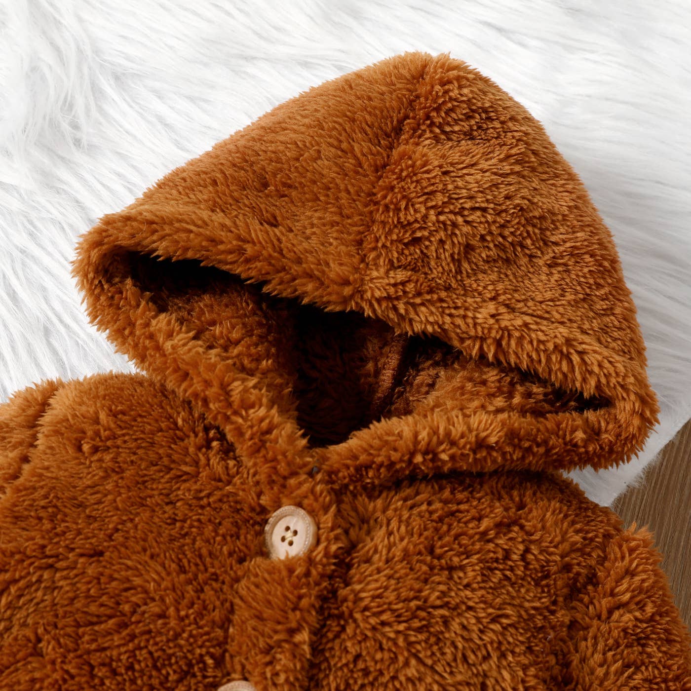 Baby Girl Solid Thickened Fuzzy Long-sleeve Hooded Jumpsuit: Brown / 6-9 Months