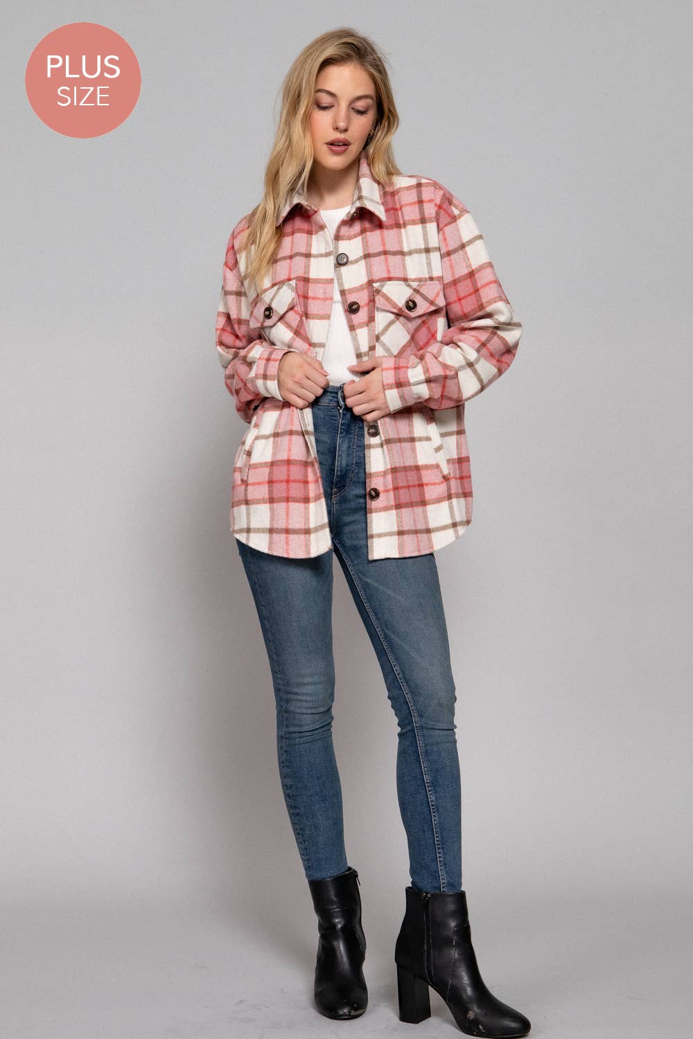 PLUS Wool Blend Plaid Button Down Jacket: Pink/Khaki