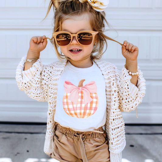 Gingham Pumpkin Pink Bow Fall Toddler Tee 