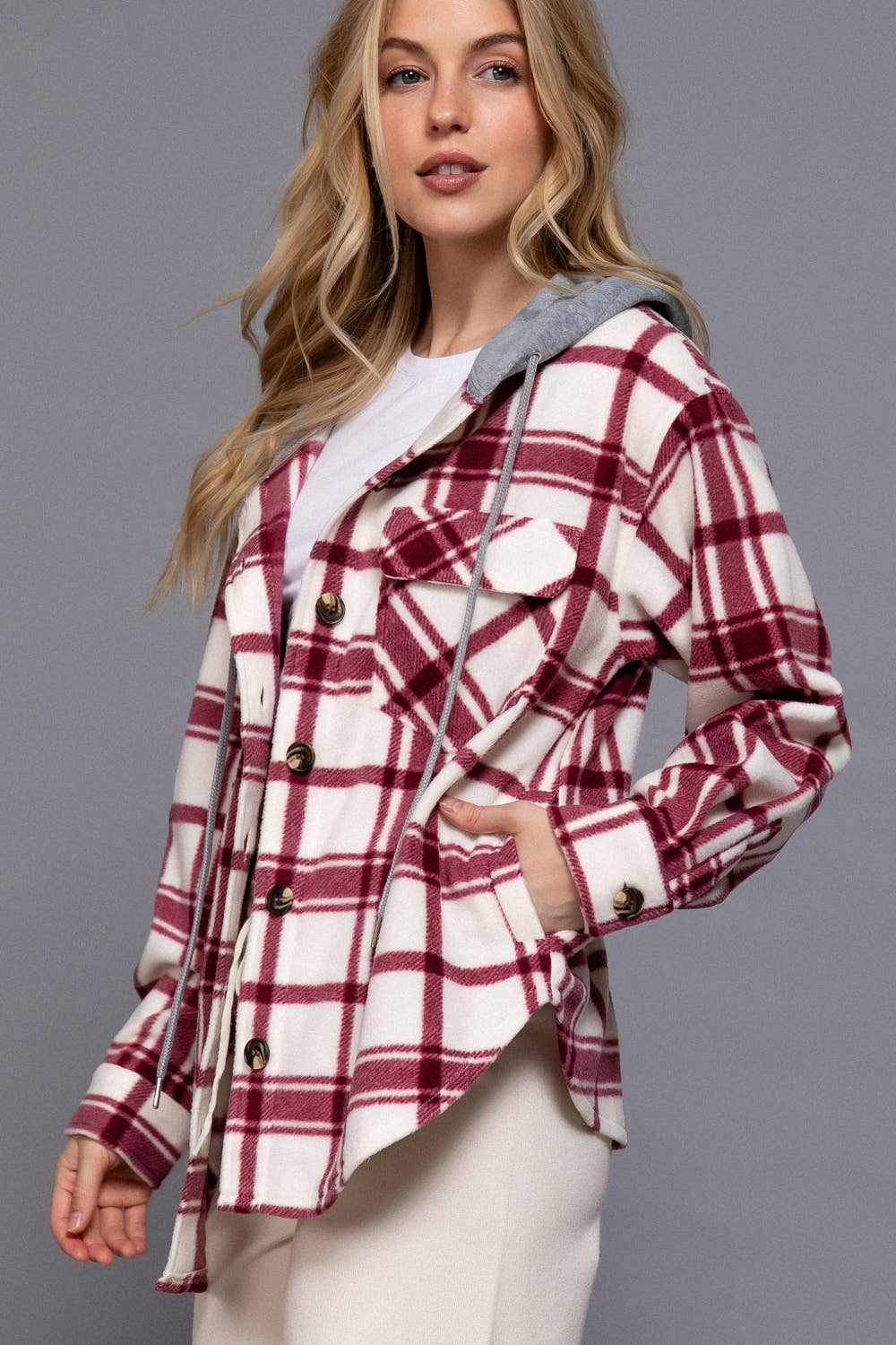 Taren Fleece Plaid Button Down W/Hood