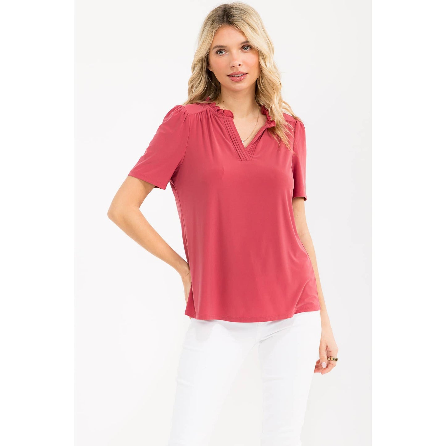 Hannah Pin Tuck Split Neck Top - Holly Berry