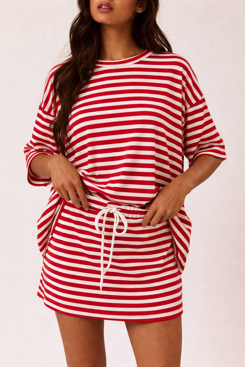 Makenna Round Neck Oversized Tee - Red/White Stripe