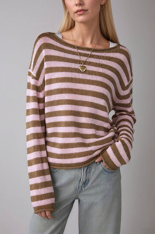 Caroline Striped Sweater Crew Neck Knit Top: Coffee