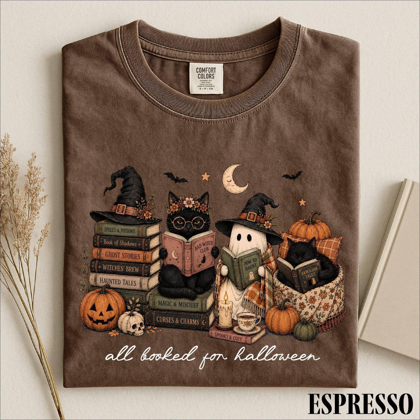 All Booked For Halloween Shirt, Funny Pumpkin Owl Book Shirt: Yam / XL