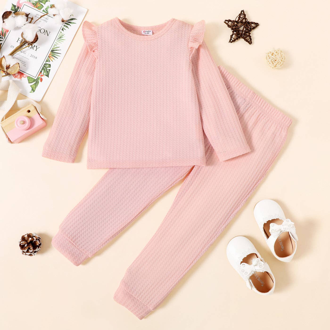 2-piece Toddler Girl Textured Top  Color Pants Set: Burgundy / 3-4 Years