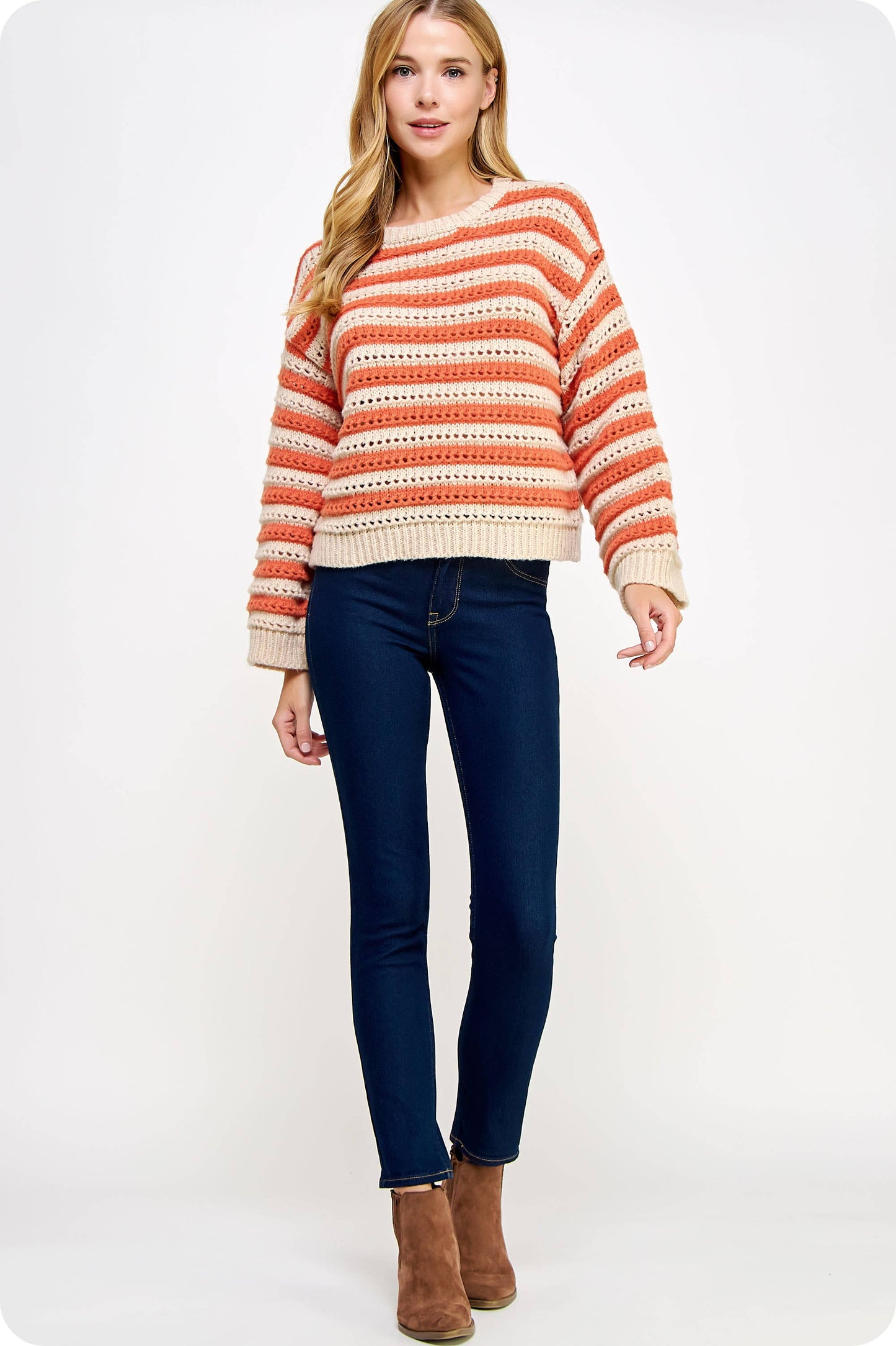 Sadie Striped Pointelle Knit Sweater - Orange/Taupe
