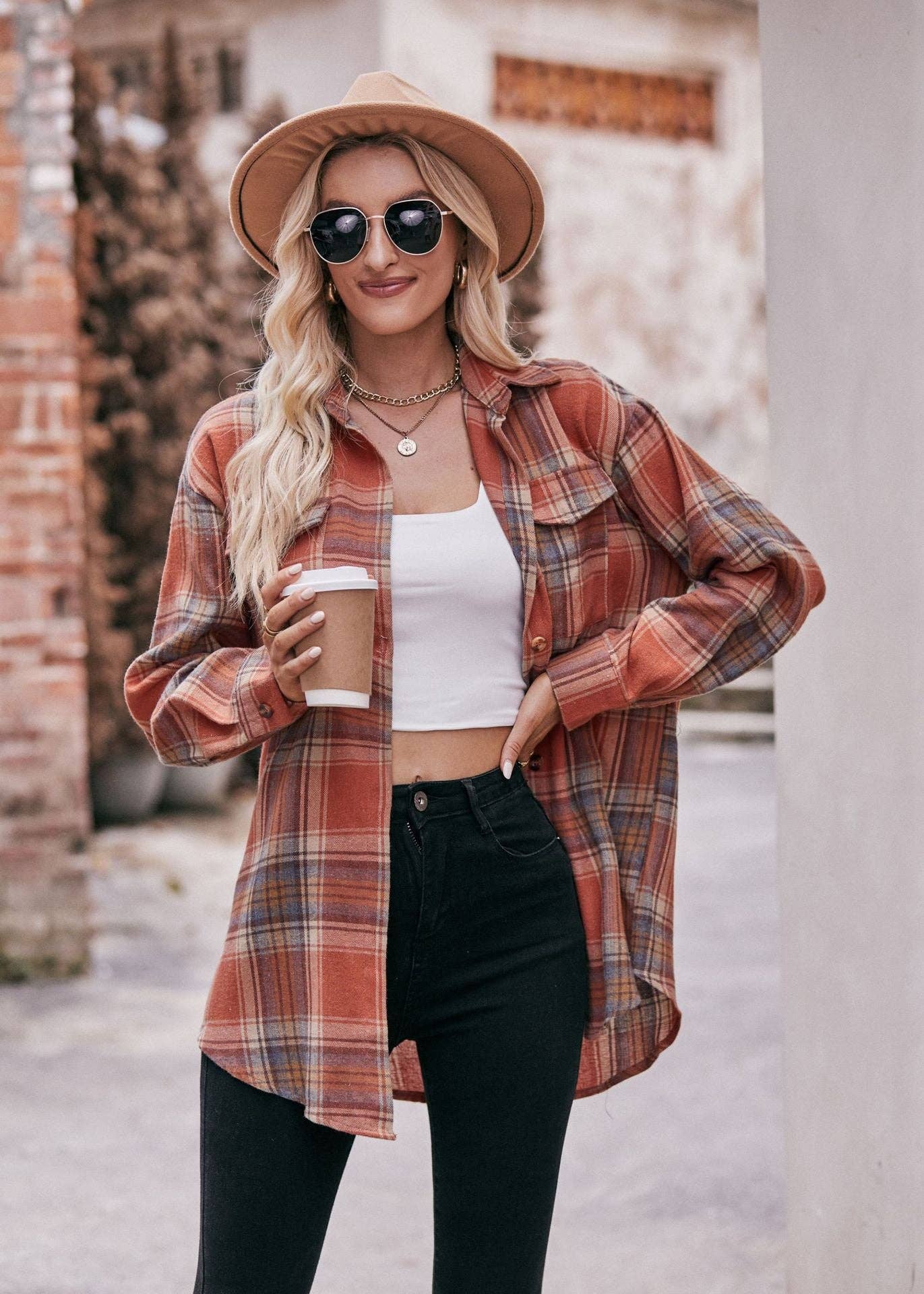 Women's Casual Fashion Oversized Loose Plaid Shirt: Caramel / 100%Polyester / XL