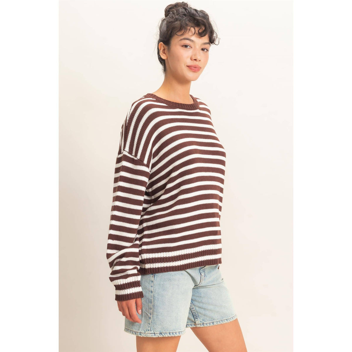 Striped Crew Neck Sweater - Dark Brown