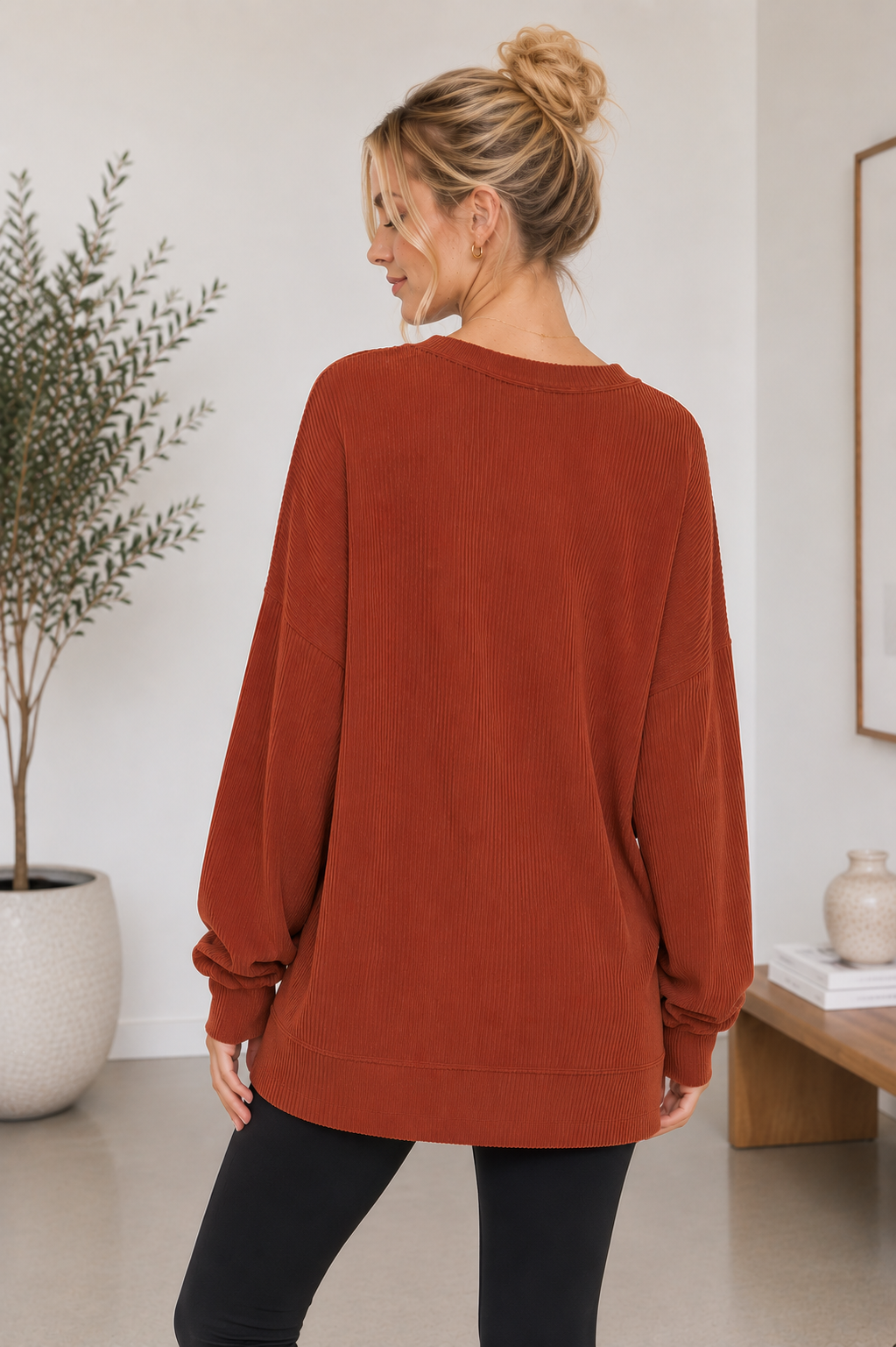 Teagan Ribbed Henley Tunic - Rust