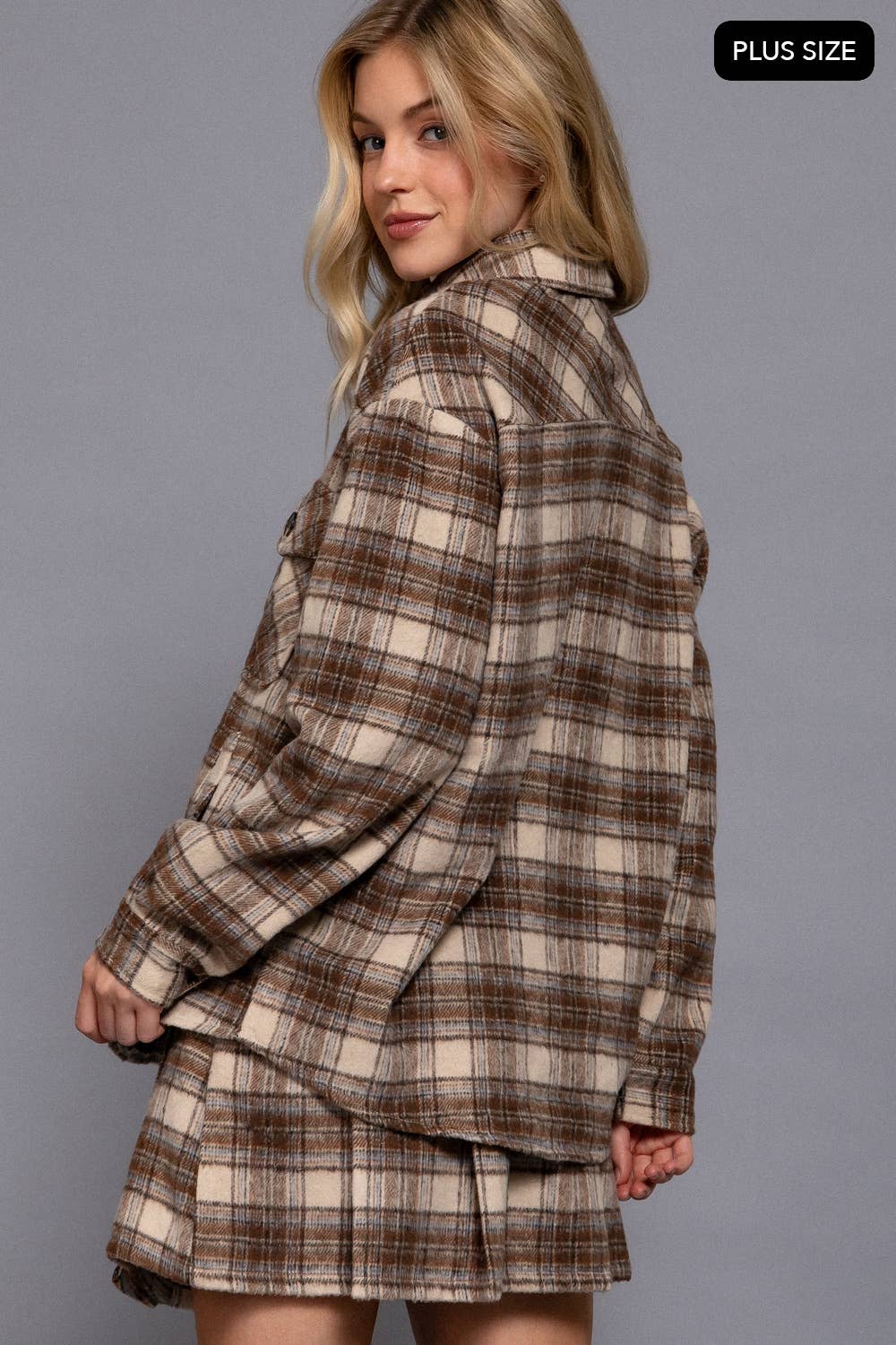 PLUS Wool Blend Plaid Button Down Jacket - Taupe/Chocolate