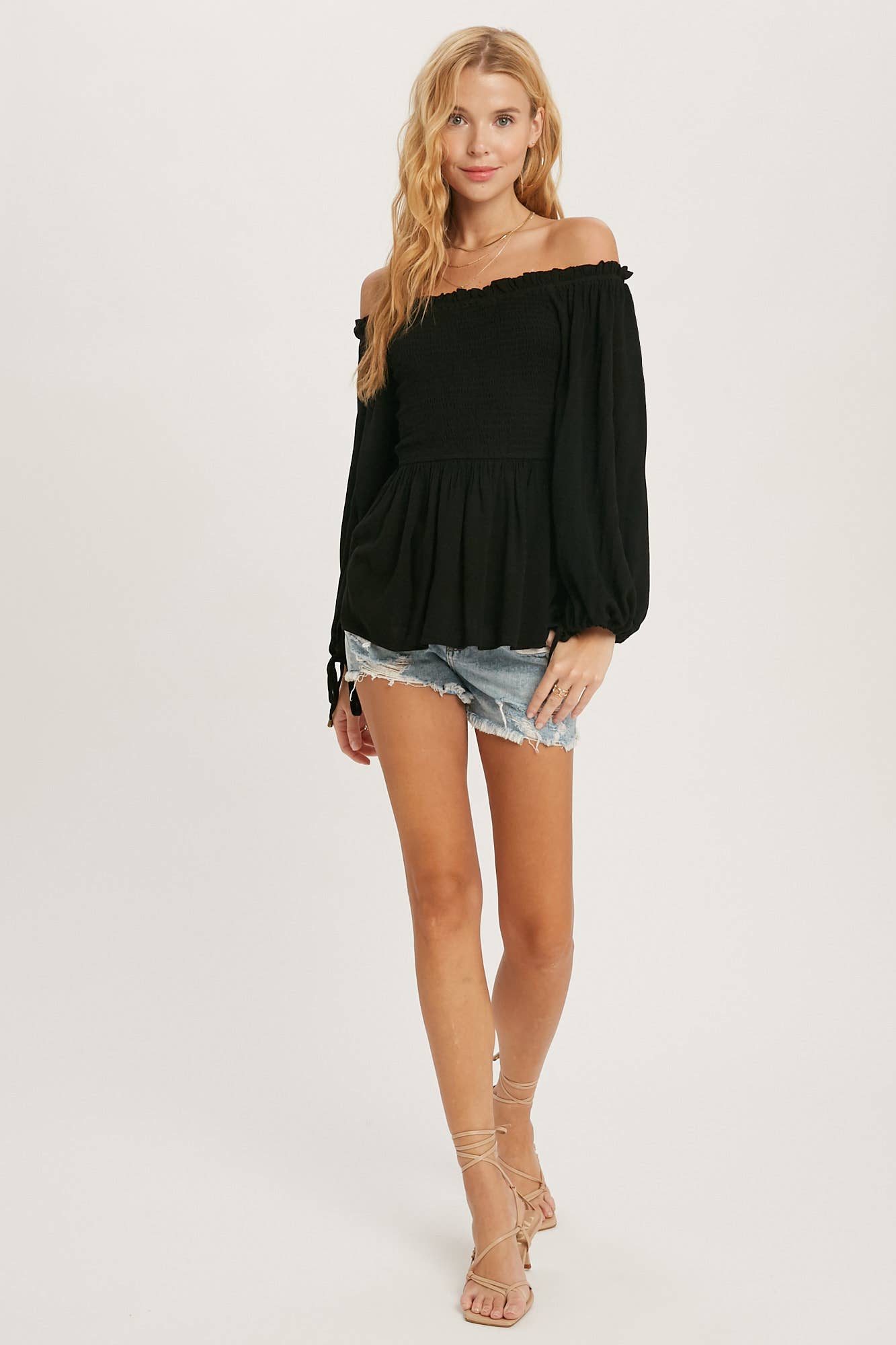 Ansley SMOCKED PEPLUM BLOUSE: BLACK / S