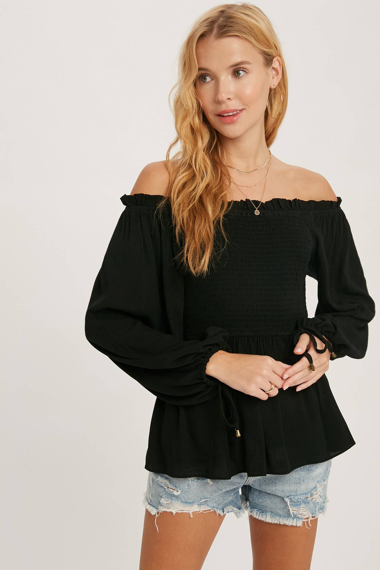 Ansley SMOCKED PEPLUM BLOUSE: BLACK / S