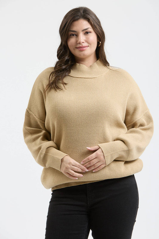 Plus Riley Mock Neck RIbbed Sweater - Khaki