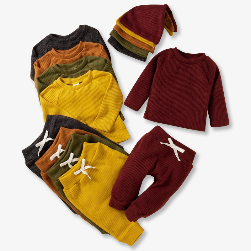 Baby BoyGirl 3pcs Solid Ribbed Long-sleeve and Trouser Set: Burgundy / 9-12 Months