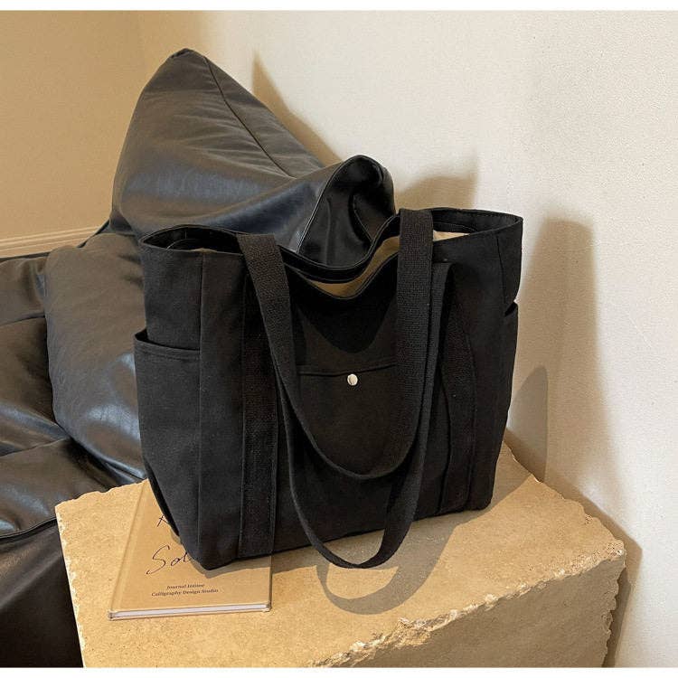 Medium Capacity Canvas Multi Compartment Tote Bag: Black