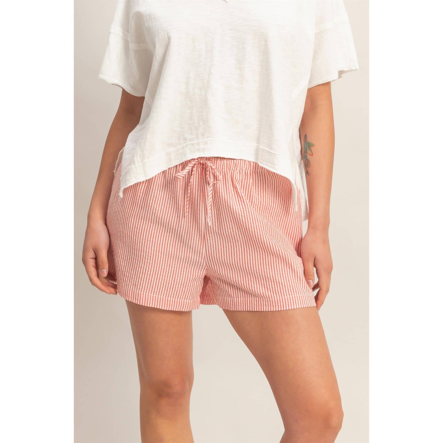 Red Striped Drawstring Waist Shorts