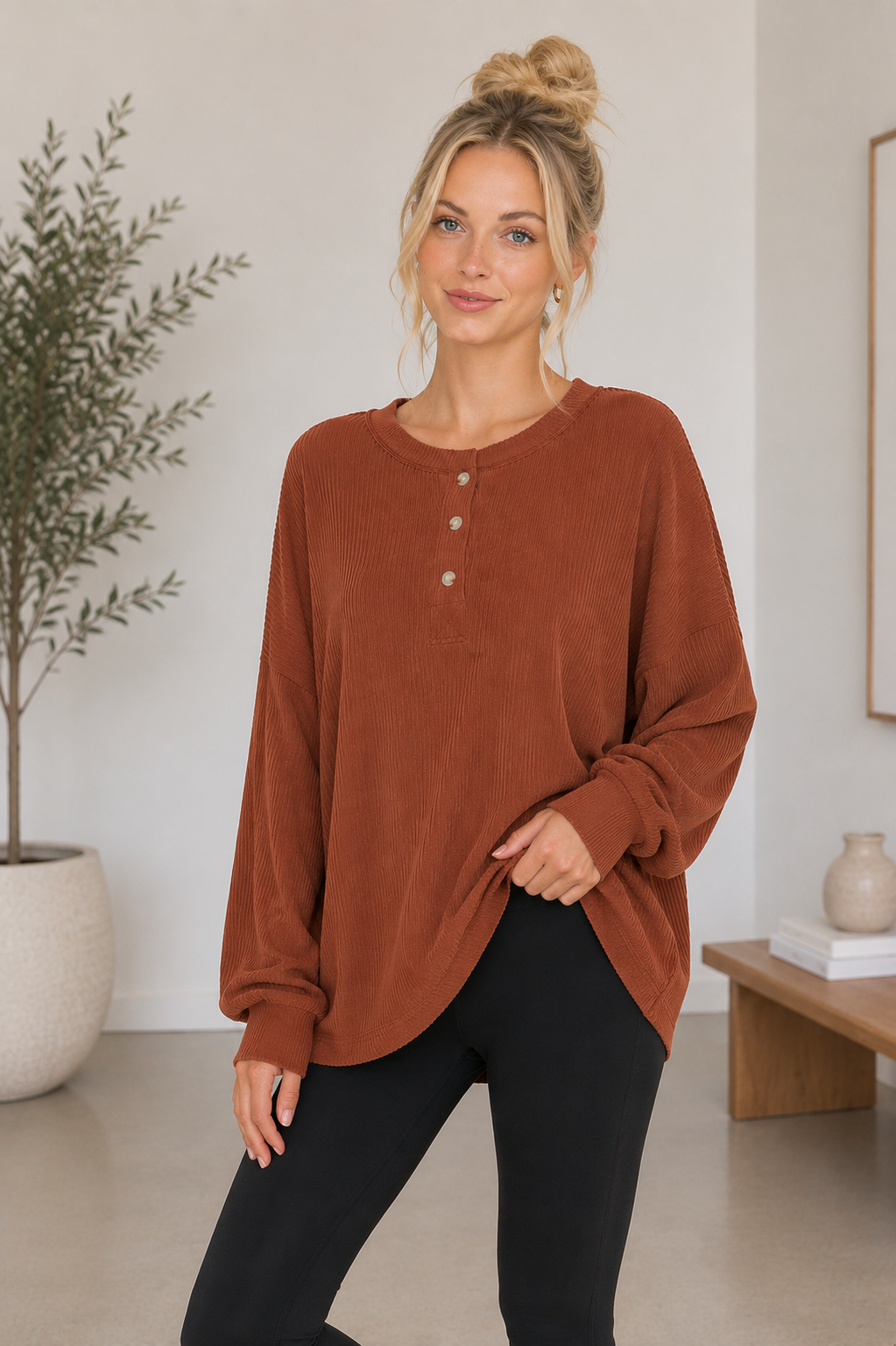 Teagan Ribbed Henley Tunic - Rust
