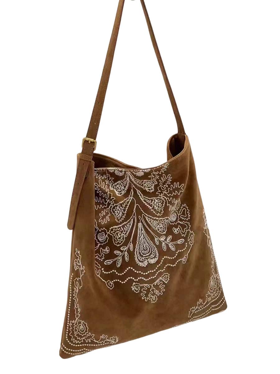 Bohemian Embroidered Velvet Tote: Light Camel Browm