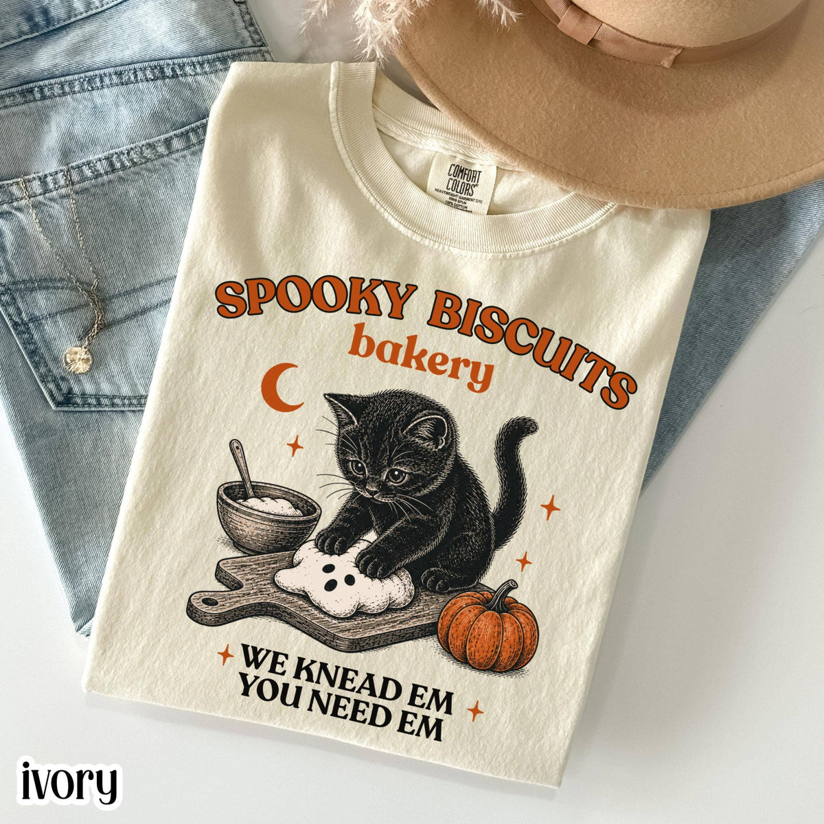 Comfort Colors Kitty Biscuits Shirt, Spooky Season Tee : Ivory / XL