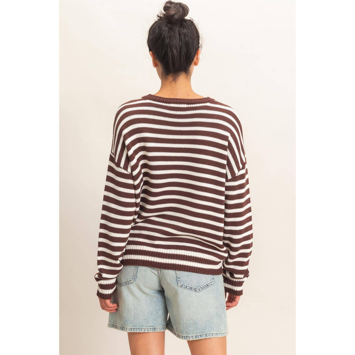 Striped Crew Neck Sweater - Dark Brown