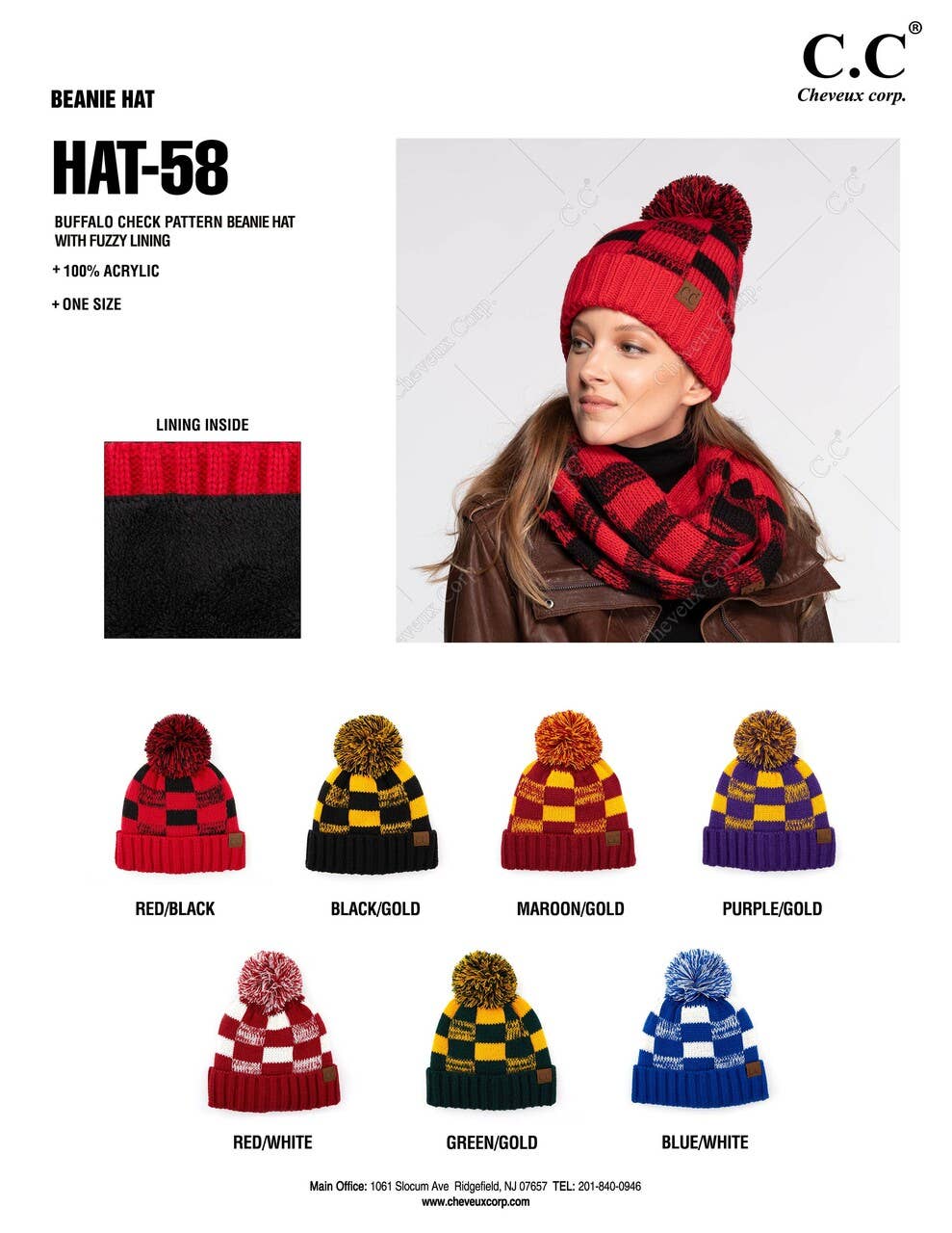 C.C Buffalo Check Team Color Beanie with Pom Winter Beanie: Black/Gold