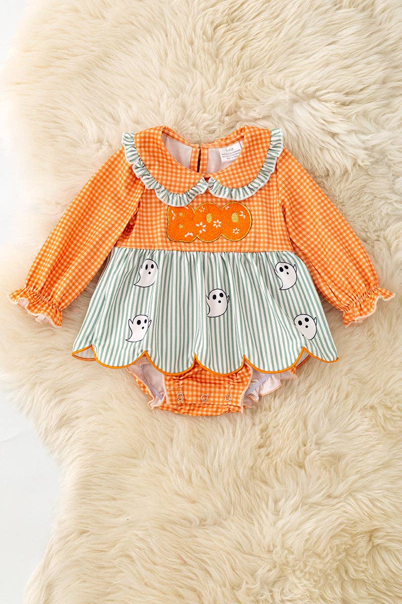 Orange gingham & stripe printed baby dress w/attached bloomers. RPG62348 JEAN: 3-6M