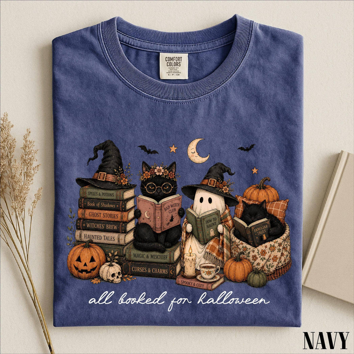 All Booked For Halloween Shirt, Funny Pumpkin Owl Book Shirt: Yam / XL